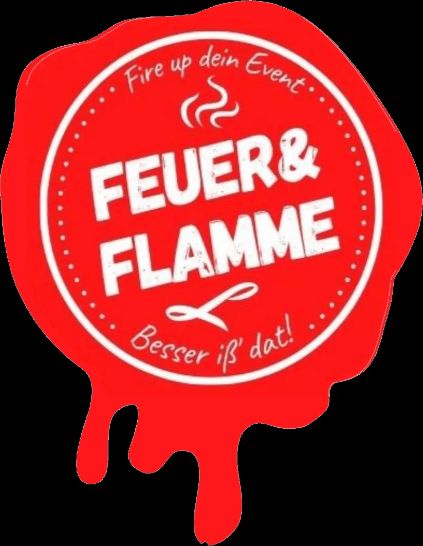 Logo in Form eines roten Wachssiegel mit dem weißen Text: Feuer & Flamme